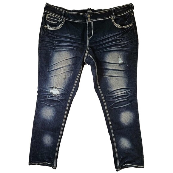 Almost Famous Women's Distressed Bootcut Jeans Sz 22 Med Wash Deco Pockets - Picture 1 of 12